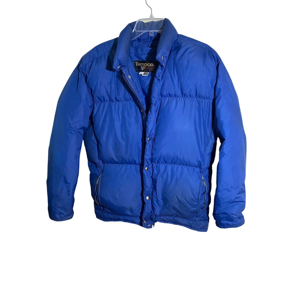 Vintage Tempco Goose Down Puffer Jacket Blue Hooded Winter Coat Mens ML